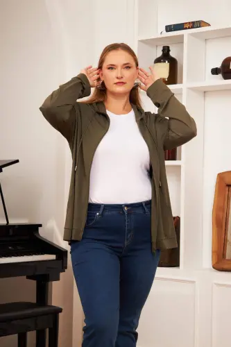 Plus Size Modal Sweatshirt Cardigan Khaki - 4