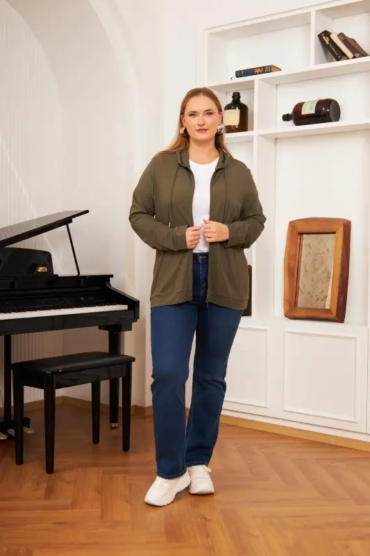 Plus Size Modal Sweatshirt Cardigan Khaki - 5