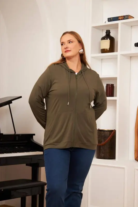 Plus Size Modal Sweatshirt Cardigan Khaki - BÜYÜKBEDENIZ