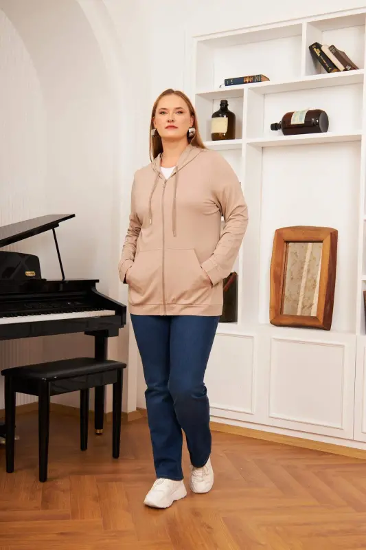 Plus Size Modal Sweatshirt Cardigan Mink - BÜYÜKBEDENIZ