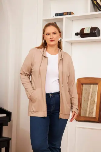 Plus Size Modal Sweatshirt Cardigan Mink - BÜYÜKBEDENIZ (1)