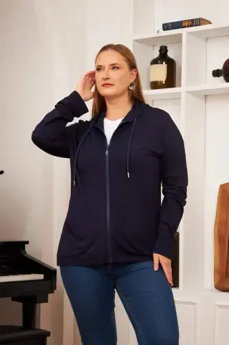 Plus Size Modal Sweatshirt Cardigan Navy Blue - 1