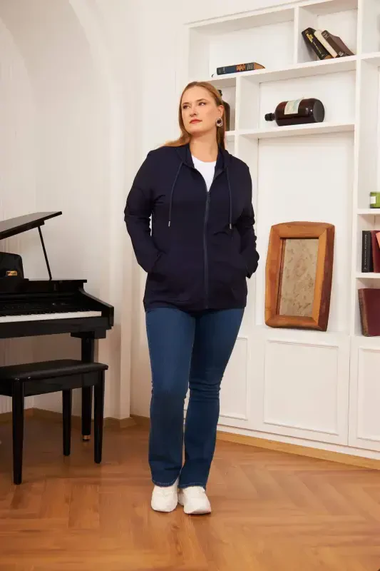 Plus Size Modal Sweatshirt Cardigan Navy Blue - 2