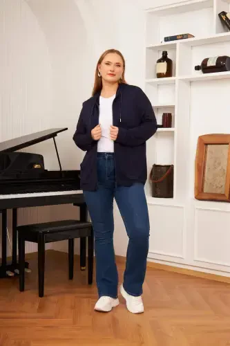 Plus Size Modal Sweatshirt Cardigan Navy Blue - 4