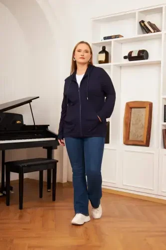 Plus Size Modal Sweatshirt Cardigan Navy Blue - 5