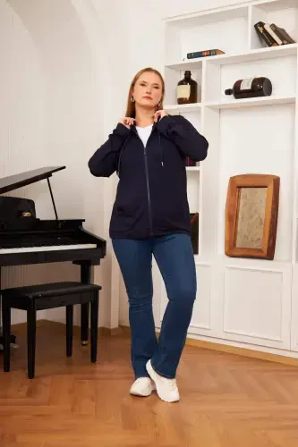 Plus Size Modal Sweatshirt Cardigan Navy Blue - 6