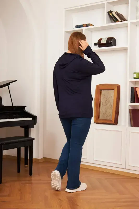 Plus Size Modal Sweatshirt Cardigan Navy Blue - 7