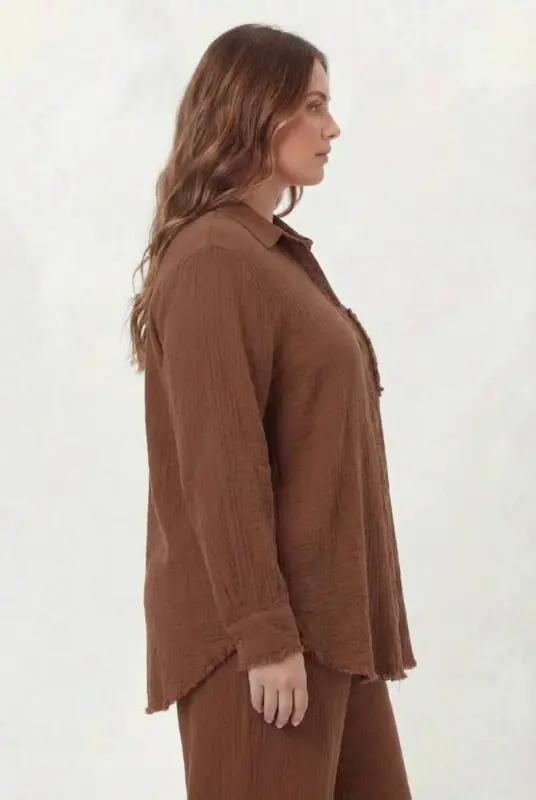 Müslin Kumaş Büyük Beden Gömlek Kahve - 2