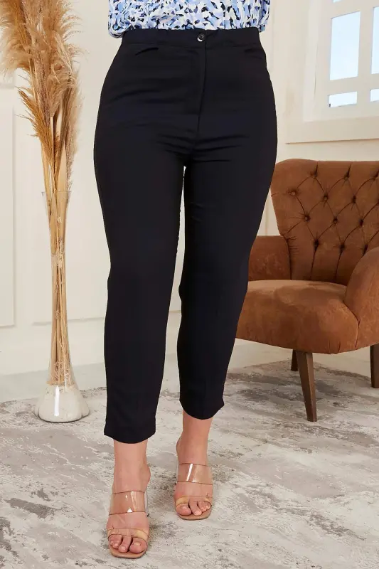 Plus Size Navy Blue Fabric Pants with Wrist Slit Detail - 1