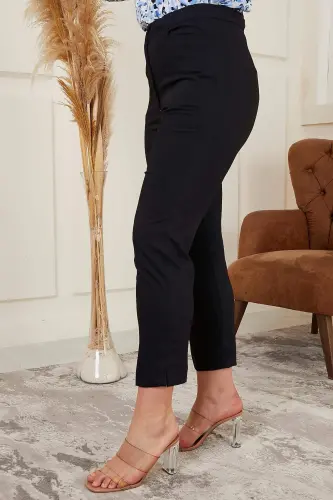Plus Size Navy Blue Fabric Pants with Wrist Slit Detail - 8
