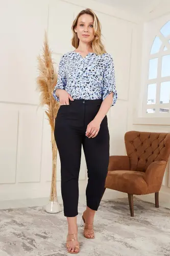 Plus Size Navy Blue Fabric Pants with Wrist Slit Detail - 5