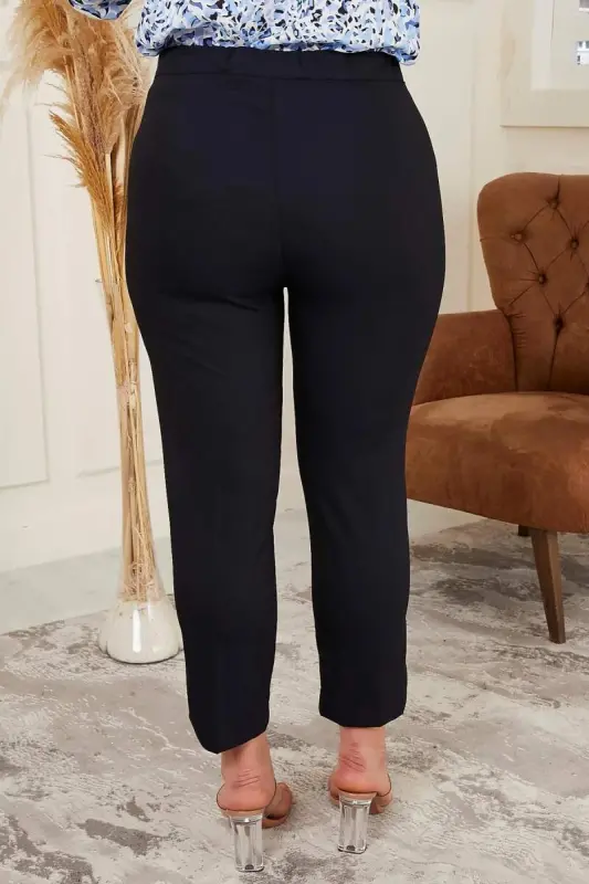 Plus Size Navy Blue Fabric Pants with Wrist Slit Detail - 4
