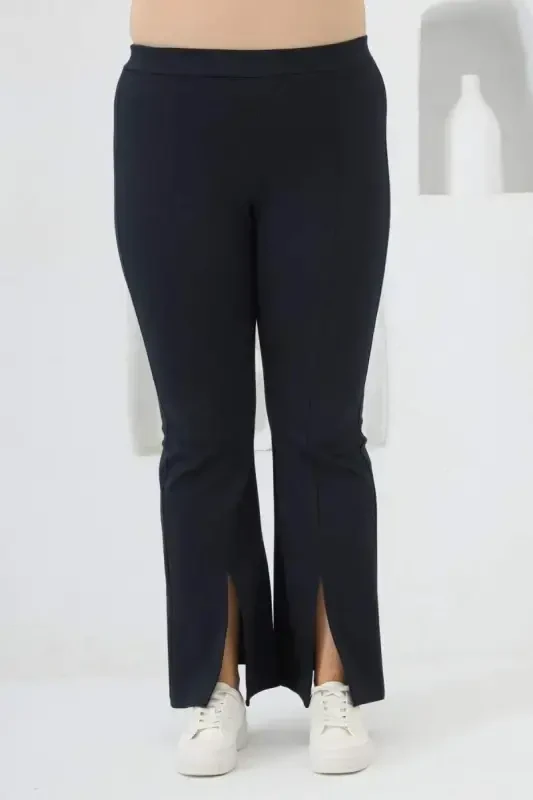 Plus Size Navy Blue Leggings with Slit Detail on Hem - BÜYÜKBEDENIZ