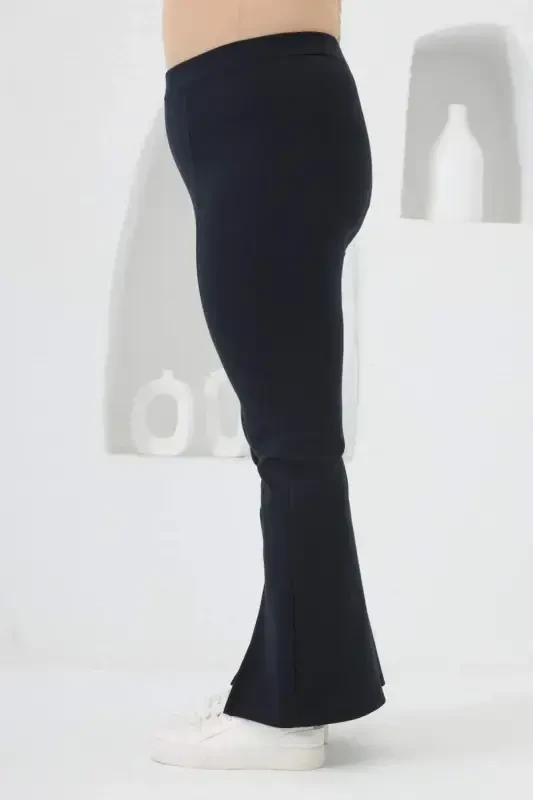 Plus Size Navy Blue Leggings with Slit Detail on Hem - 2