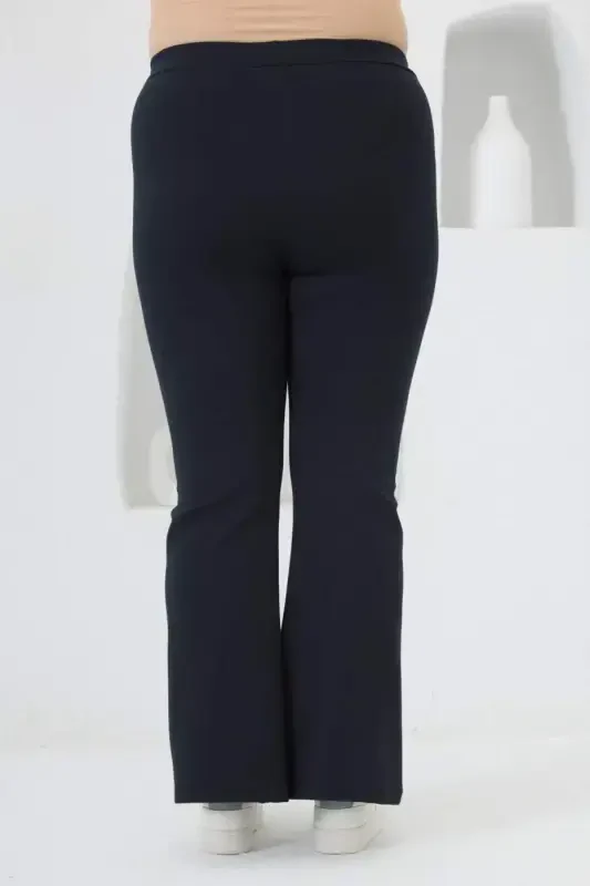 Plus Size Navy Blue Leggings with Slit Detail on Hem - 3