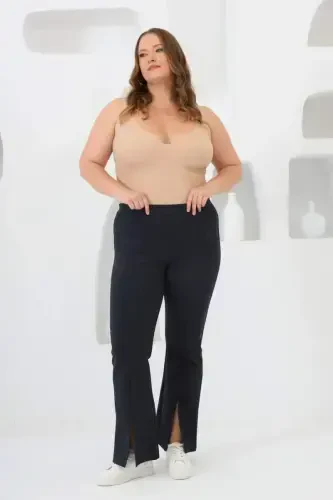 Plus Size Navy Blue Leggings with Slit Detail on Hem - 4