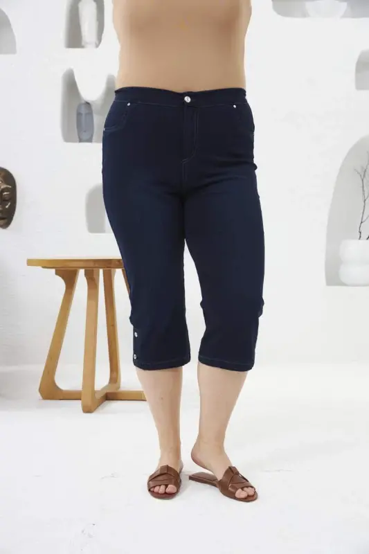 Plus Size Navy Capri with Hem Button Detail and Elastic Waist - 2