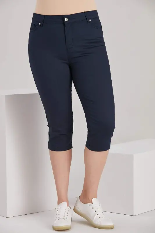 Plus Size Navy Cotton Capri - BÜYÜKBEDENIZ