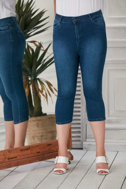 Plus Size Navy Denim Capri Pants - BÜYÜKBEDENIZ