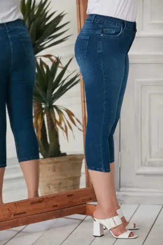 Plus Size Navy Denim Capri Pants - BÜYÜKBEDENIZ (1)