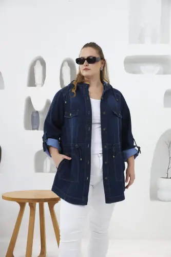 Plus Size Navy Denim Jacket with Pocket Detail - 1