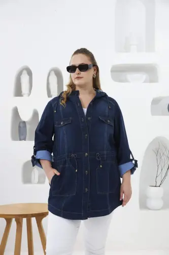 Plus Size Navy Denim Jacket with Pocket Detail - BÜYÜKBEDENIZ (1)