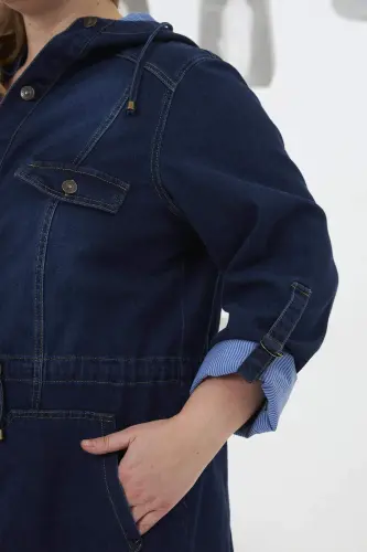 Plus Size Navy Denim Jacket with Pocket Detail - 3