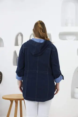Plus Size Navy Denim Jacket with Pocket Detail - 5