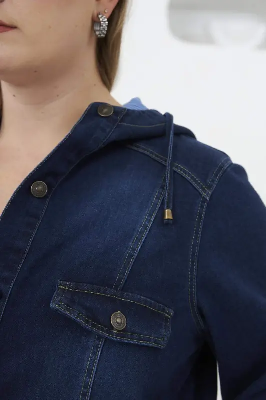 Plus Size Navy Denim Jacket with Pocket Detail - 6