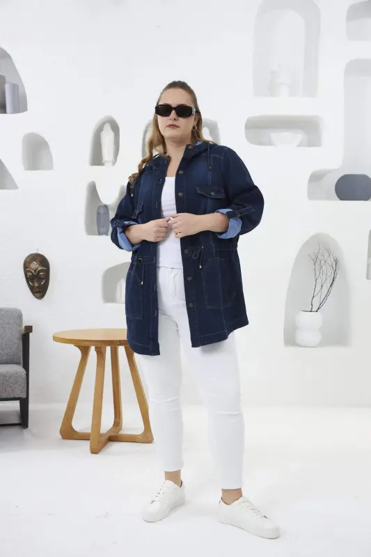 Plus Size Navy Denim Jacket with Pocket Detail - 7