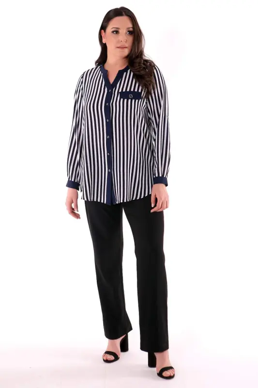 Plus Size Navy Striped V-Neck Shirt - 2