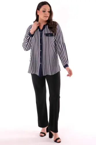 Plus Size Navy Striped V-Neck Shirt - 3