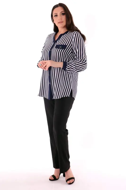 Plus Size Navy Striped V-Neck Shirt - 4