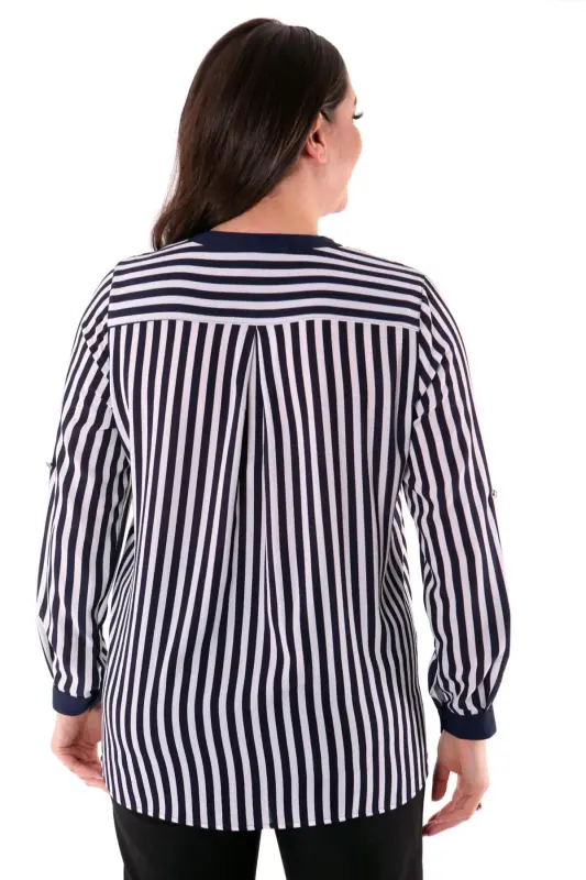 Plus Size Navy Striped V-Neck Shirt - 5