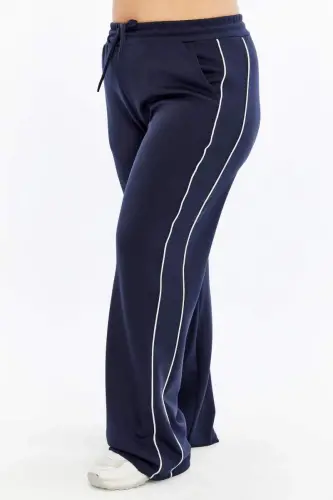 Plus Size Navy Sweatpants with Elastic Waist and Double Stripes on the Sides - 1