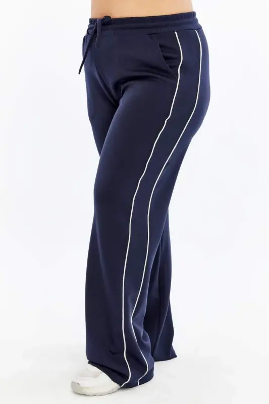 Plus Size Navy Sweatpants with Elastic Waist and Double Stripes on the Sides - BÜYÜKBEDENIZ