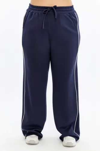 Plus Size Navy Sweatpants with Elastic Waist and Double Stripes on the Sides - BÜYÜKBEDENIZ (1)