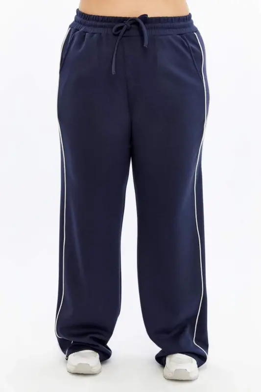 Plus Size Navy Sweatpants with Elastic Waist and Double Stripes on the Sides - 2