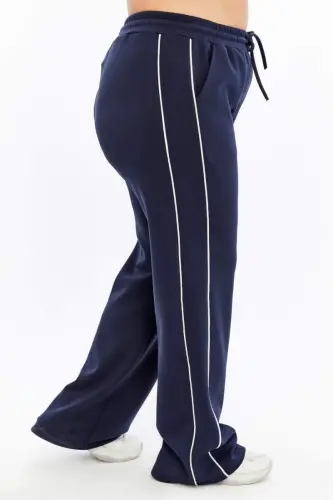 Plus Size Navy Sweatpants with Elastic Waist and Double Stripes on the Sides - 4