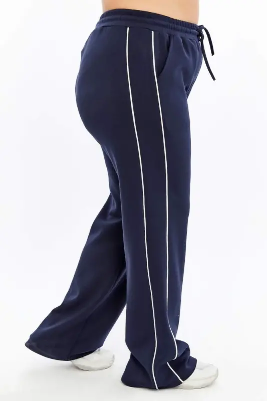 Plus Size Navy Sweatpants with Elastic Waist and Double Stripes on the Sides - 4