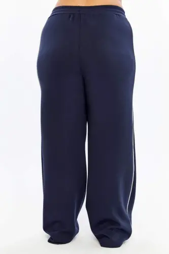 Plus Size Navy Sweatpants with Elastic Waist and Double Stripes on the Sides - 5