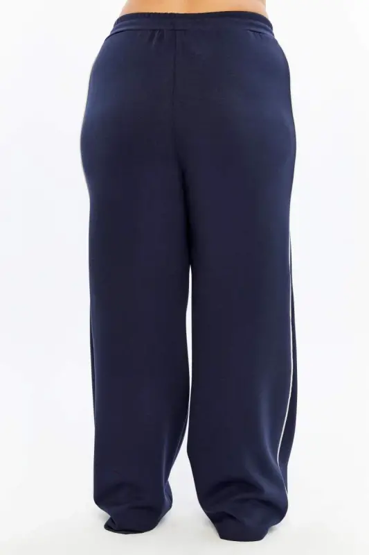 Plus Size Navy Sweatpants with Elastic Waist and Double Stripes on the Sides - 5