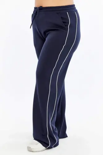 Plus Size Navy Sweatpants with Elastic Waist and Double Stripes on the Sides - 1