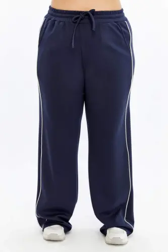 Plus Size Navy Sweatpants with Elastic Waist and Double Stripes on the Sides - BÜYÜKBEDENIZ (1)