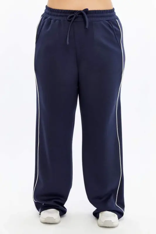Plus Size Navy Sweatpants with Elastic Waist and Double Stripes on the Sides - 2