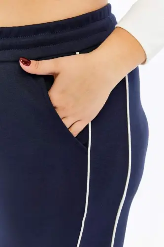 Plus Size Navy Sweatpants with Elastic Waist and Double Stripes on the Sides - 3