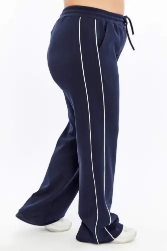 Plus Size Navy Sweatpants with Elastic Waist and Double Stripes on the Sides - 4