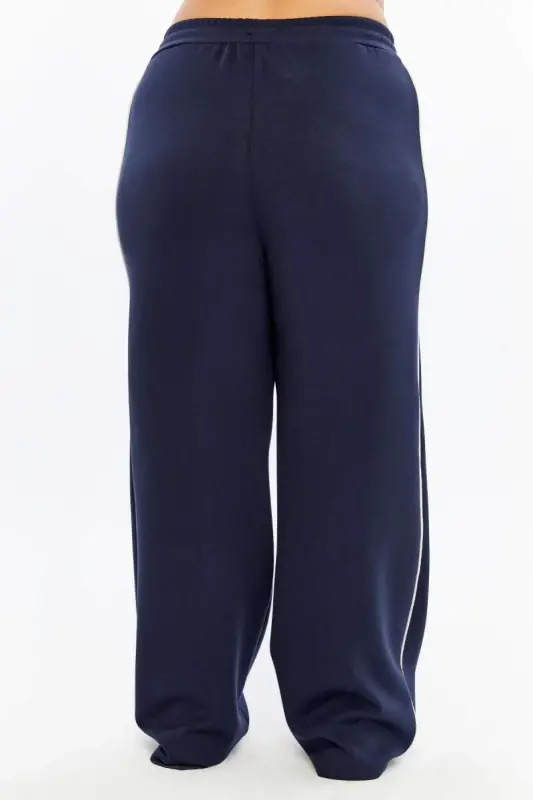 Plus Size Navy Sweatpants with Elastic Waist and Double Stripes on the Sides - 5