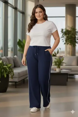 Plus Size Navy Sweatpants with Elastic Waist and Double Stripes on the Sides - 6