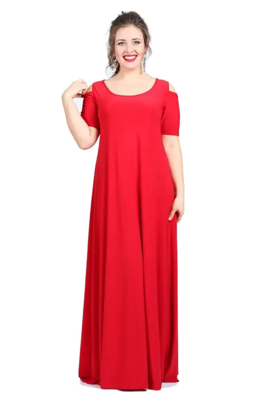Plus Size Off Shoulder Long Maxi Dress Red 93-1101 - 1